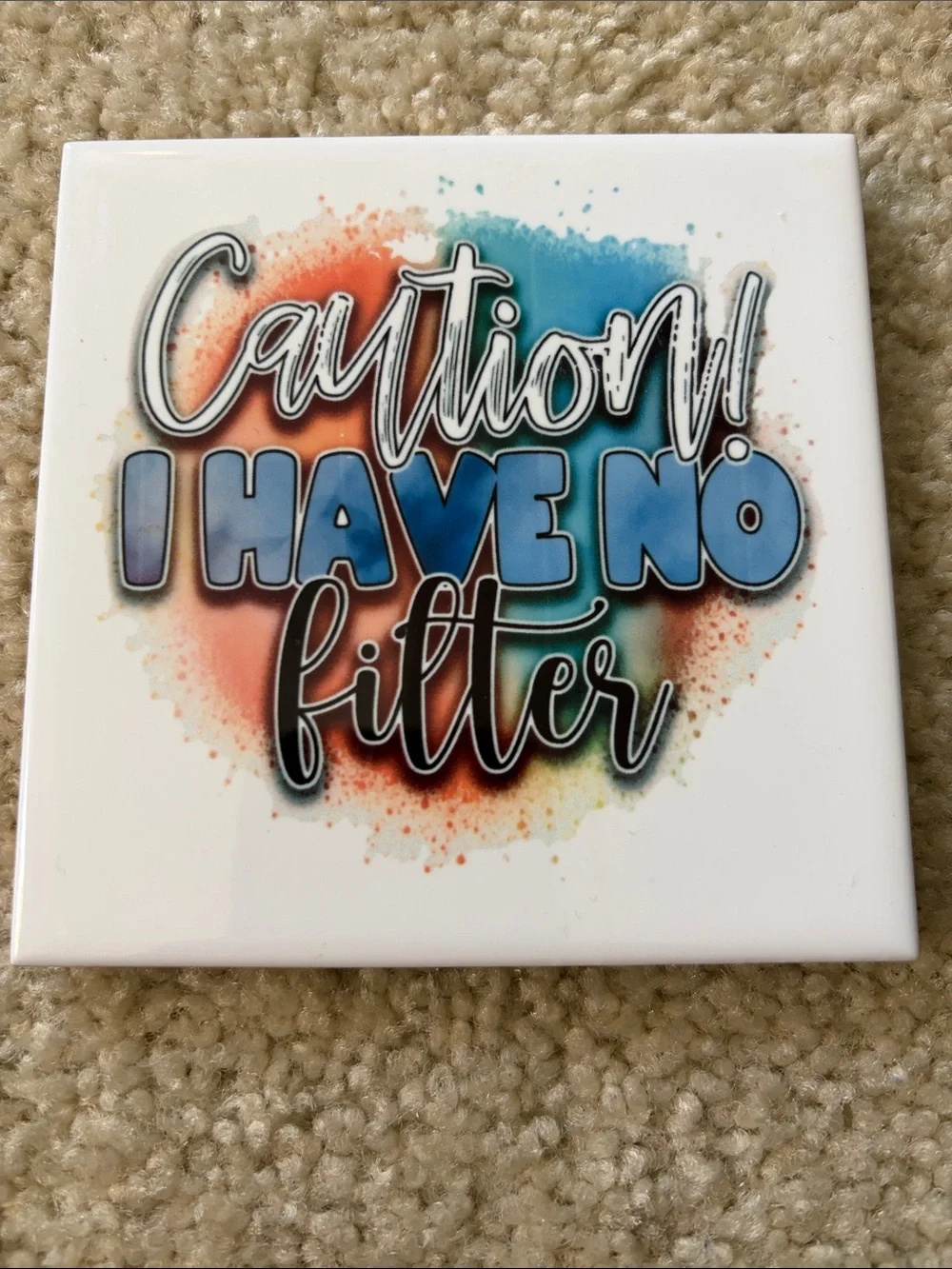 Set of 2 Humorous Ceramic Tile Coasters - Blue,Orange,Teal,White Accents - NWOT